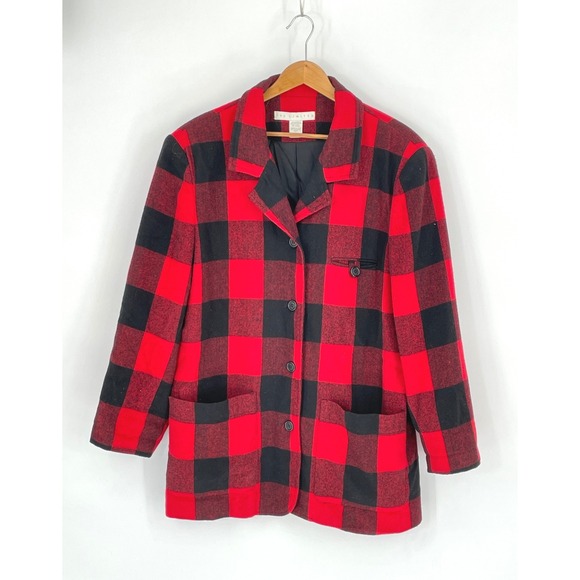 The Limited Jackets & Blazers - The Limited Women Blazer M/L Jacket Red Black Buffalo Plaid Wool Blend Preppy